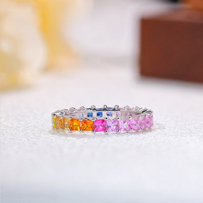 Rainbow Eternity Ring, Princess Cut Full Circle Band, 925 Sterling Silver 18K Gold Plated