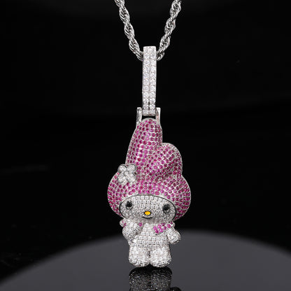 Iced Out Cartoon Character Pendant Necklace in White Tone with Pink Cubic Zirconia