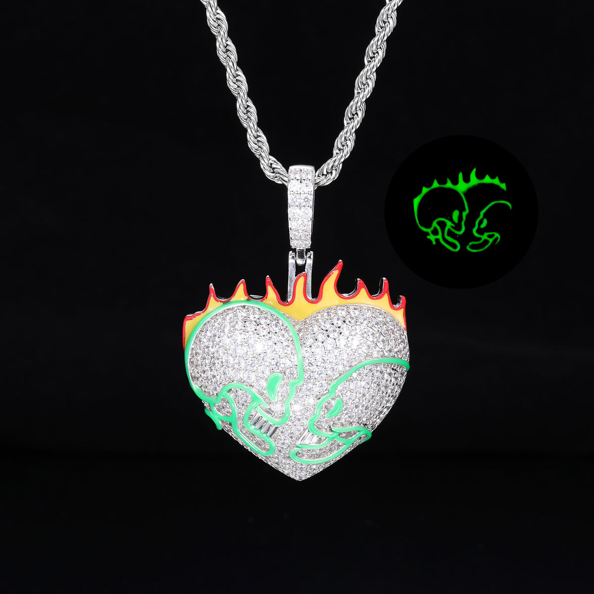 Iced Out Flaming Skull Heart Pendant Necklace for Men - Silver Tone Copper Hip Hop Chain with Cubic Zirconia product image