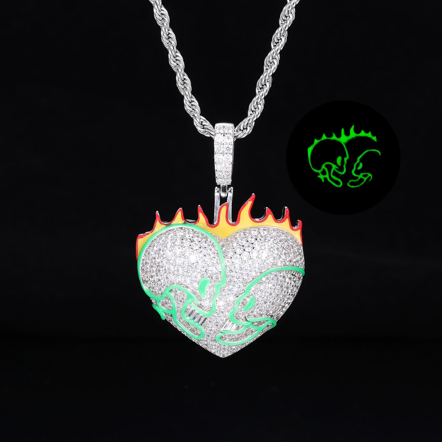 Iced Out Flaming Skull Heart Pendant Necklace for Men - Silver Tone Copper Hip Hop Chain with Cubic Zirconia product image