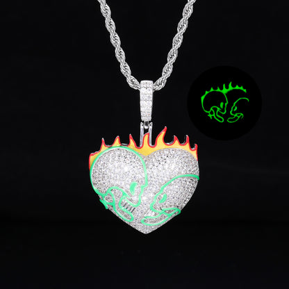 Iced Out Flaming Skull Heart Pendant Necklace for Men - Silver Tone Copper Hip Hop Chain with Cubic Zirconia