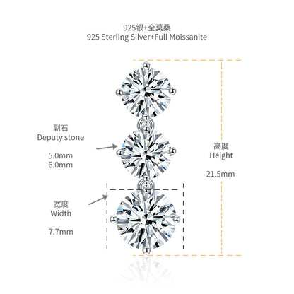 925 Silver Moissanite Three-Stone Drop Earrings, 6.0mm Prong-Set Stud Design