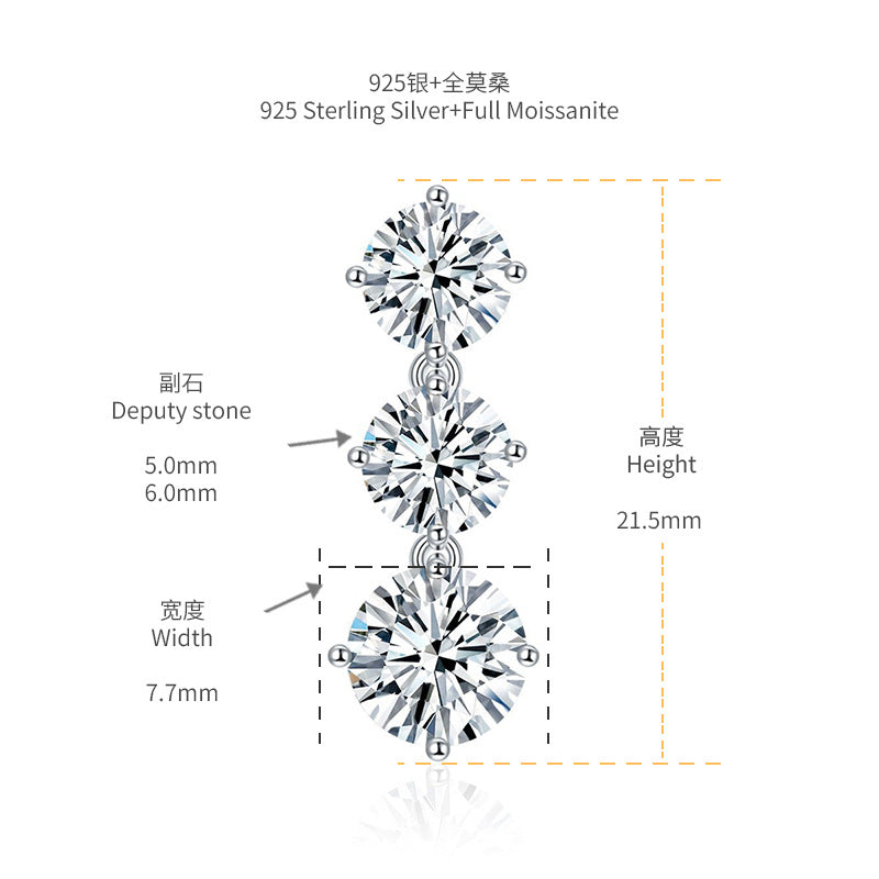 925 Silver Moissanite Three-Stone Drop Earrings, 6.0mm Prong-Set Stud Design product image