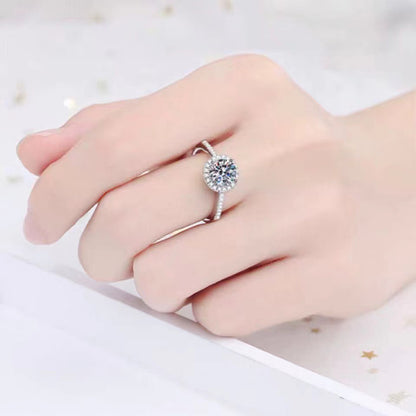 Round Halo Moissanite Ring for Women, Color Center Stone Engagement Ring, 0.5 to 2 Carat Look, White Pink Yellow Blue