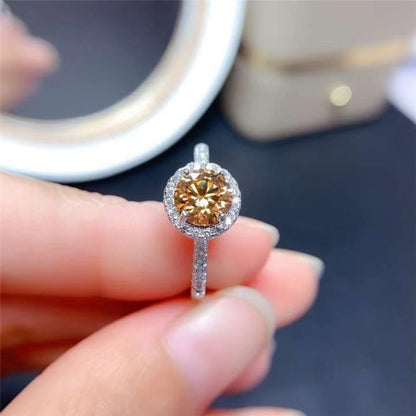 Round Halo Moissanite Ring for Women, Color Center Stone Engagement Ring, 0.5 to 2 Carat Look, White Pink Yellow Blue