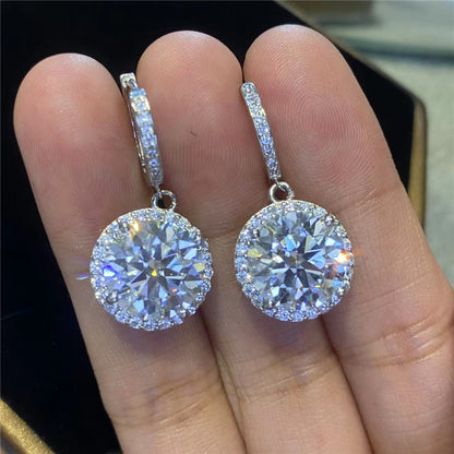 Moissanite Halo Drop Hoop Earrings for Women, Round Pavé Water Ripple Dangle Earrings
