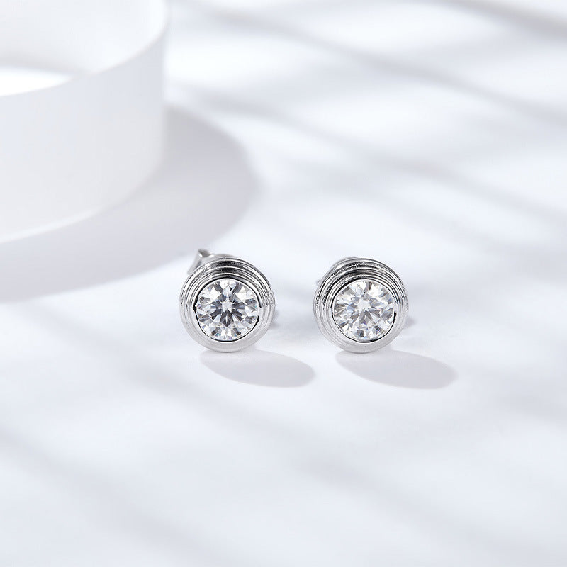 Moissanite Stud Earrings, Round Bezel 50-Point White Gold-Plated Earrings product image