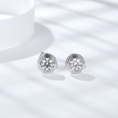 Moissanite Stud Earrings, Round Bezel 50-Point White Gold-Plated Earrings
