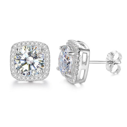 925 Silver Moissanite Square Stud Earrings for Women and Men, Geometric Iced Out Hip Hop Earrings