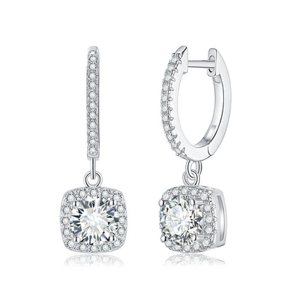 Moissanite Square Halo Drop Earrings for Women, Pavé Huggie Hoop Dangle Style