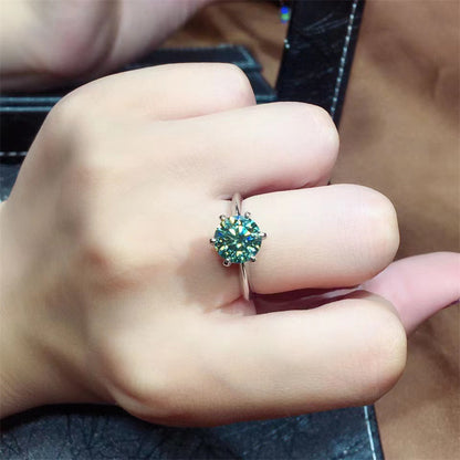 Green Moissanite Solitaire Ring for Women, Round 6-Prong Engagement Ring in Rose-Tone or White-Tone, 0.5 to 5 Carat Look