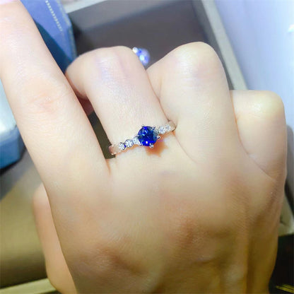 Blue Moissanite Ring for Women, U-Shaped Band Solitaire Engagement Ring