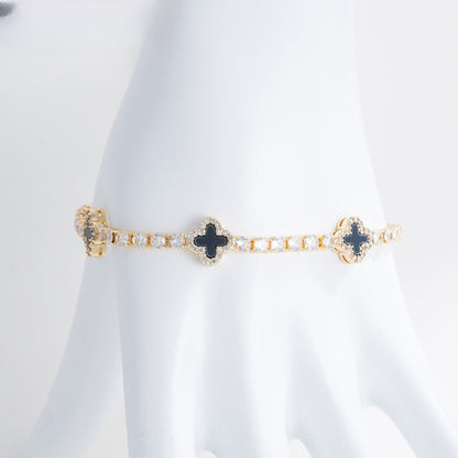Elegant Gold Plated Flower Petal Tennis Bracelet for Women with Crystal Clover Charm