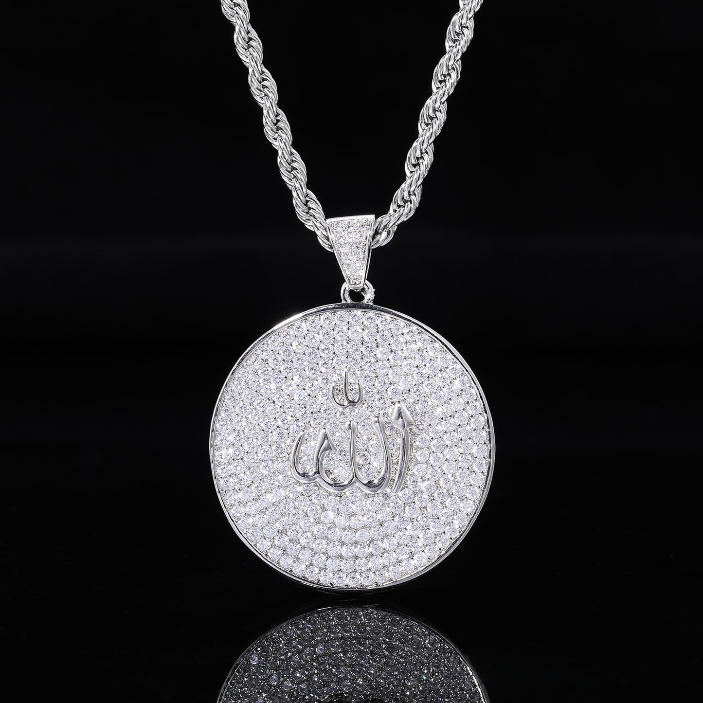 Arabic Calligraphy Zircon Pendant Necklace, Round Rope Chain Hip Hop Jewelry product image