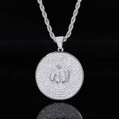 Arabic Calligraphy Zircon Pendant Necklace, Round Rope Chain Hip Hop Jewelry