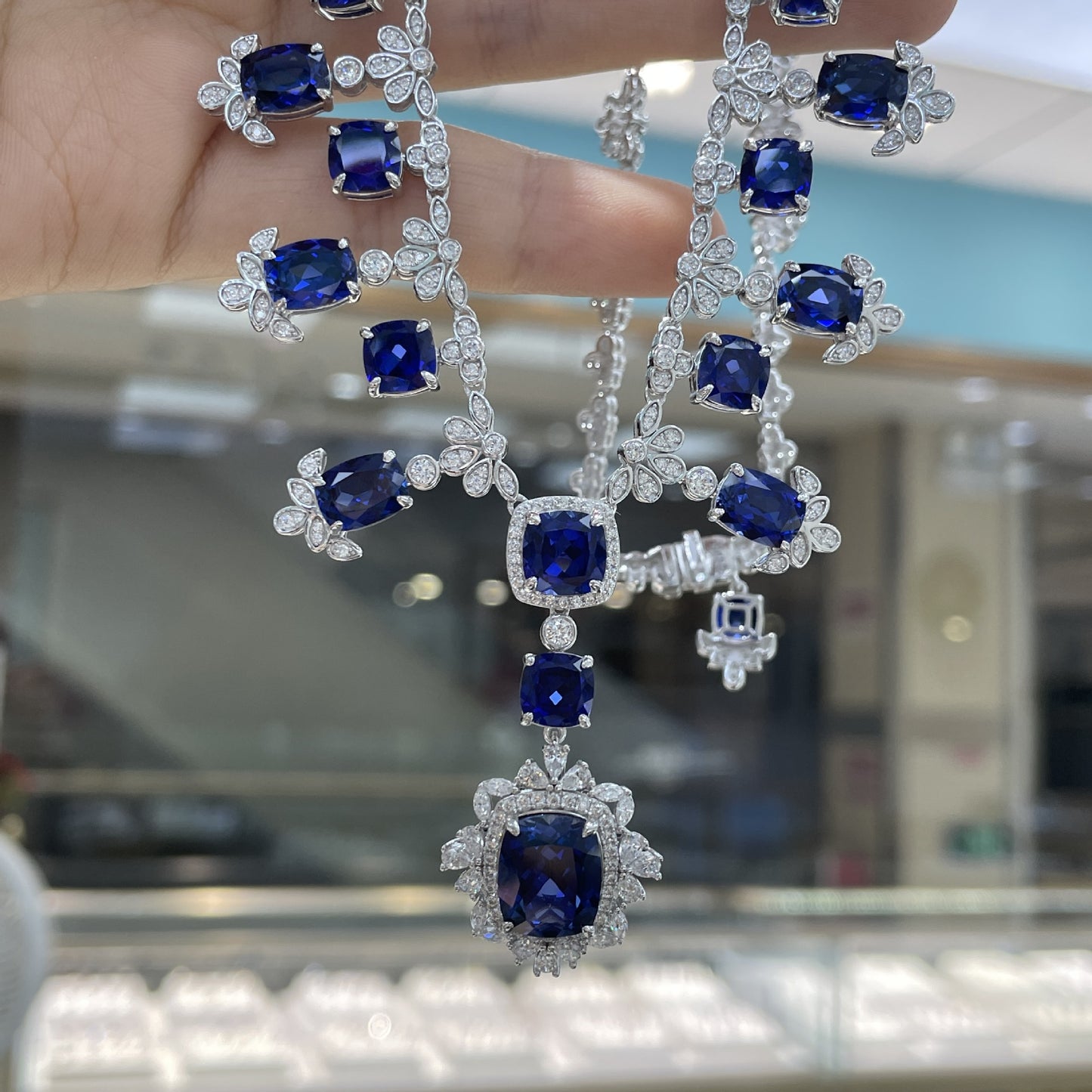 Blue Cushion-Cut Halo Jewelry Set, Ring Necklace Earrings, S925 Silver product image
