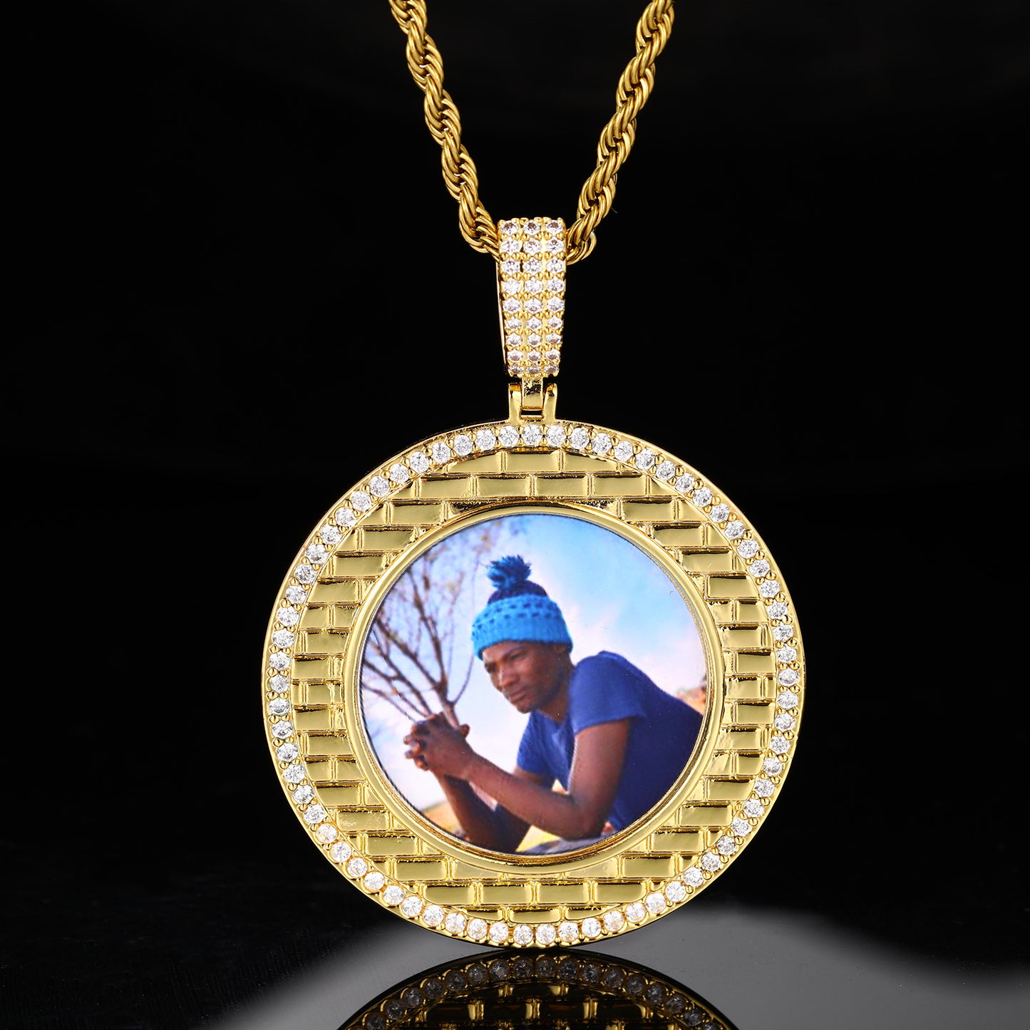 Iced Out Round Photo Pendant Necklace with Rope Chain for Men and Women product image