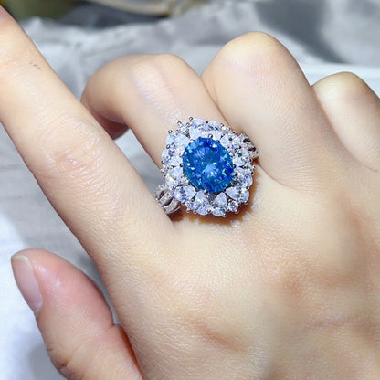 5 Carat Moissanite Halo Ring for Women, Oval Color Stone Statement Engagement Ring