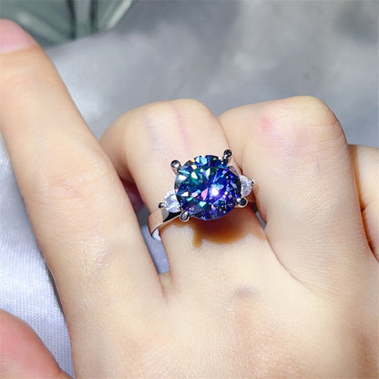 5 Carat Three Stone Moissanite Ring for Women, Colorful Geometric Engagement Ring