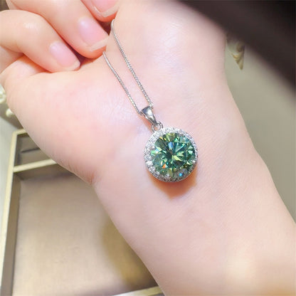 Green Moissanite Halo Pendant Necklace for Women, Round Pavé Style Gift Jewelry