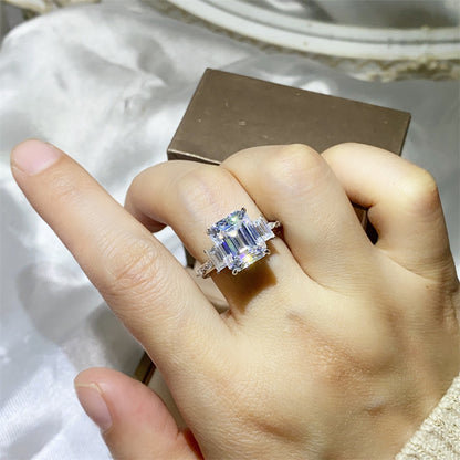 5 Carat Moissanite Ring for Women, Emerald Cut Geometric Halo Engagement Ring