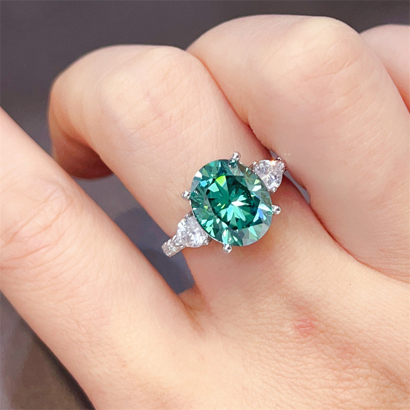 5 Carat Green Oval Moissanite Ring for Women, Micro Pave Halo-Style Engagement Ring product image