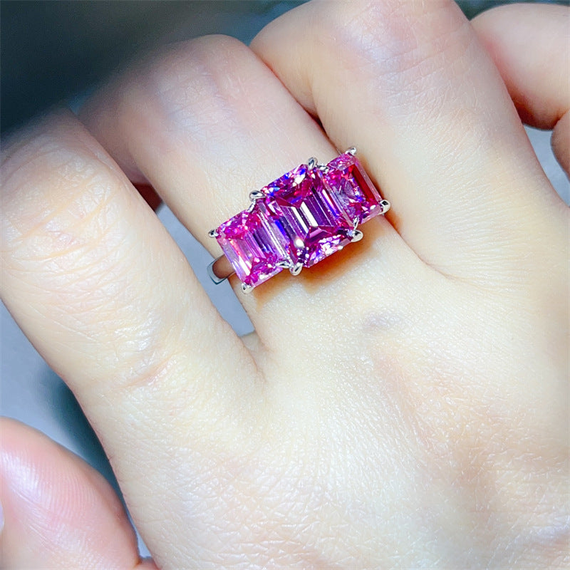 Pink Emerald Cut 5 Carat 3-Stone Moissanite Ring for Women, VVS1 Geometric Engagement Ring product image