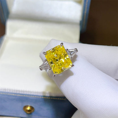 5 Carat Yellow Radiant Cut Moissanite Ring for Women - Three Stone Engagement Ring Style