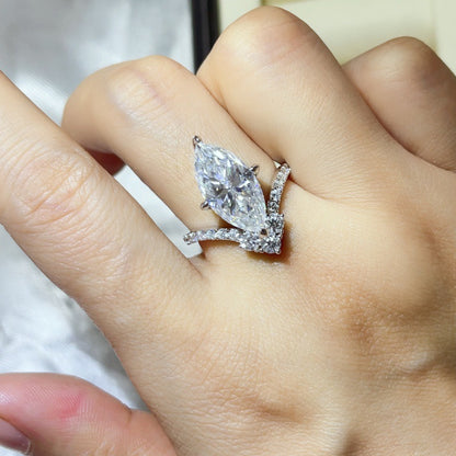 925 Silver Marquise Moissanite Ring for Women, 5 Carat Statement Ring Set, U-Shaped Stackable Engagement Style Ring