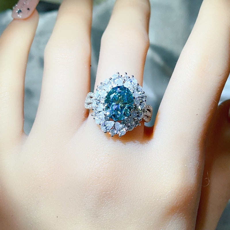 5 Carat Moissanite Halo Ring for Women, Oval Color Stone Statement Engagement Ring