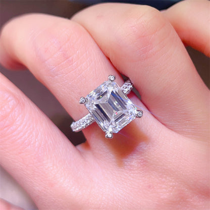 5 Carat Emerald Cut Moissanite Ring for Women, Pavé Band Engagement Style Ring
