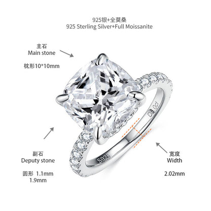 5 Carat Cushion Cut Moissanite Ring for Women, S925 Sterling Silver Pave Engagement Ring