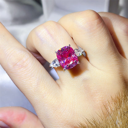 Pink 5 Carat Cushion Cut Moissanite Three-Stone Ring for Women