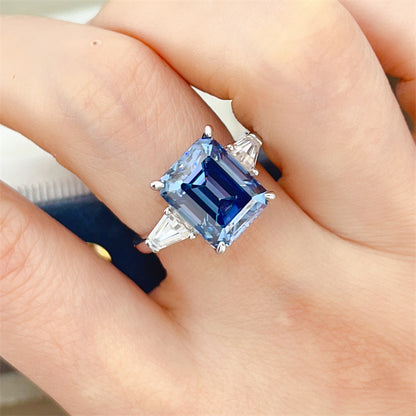 5 Carat Blue Moissanite Ring for Women, Emerald Cut Three Stone Engagement Ring