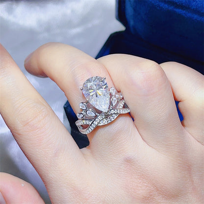 5 Carat Pear Cut Moissanite Crown Ring for Women, Halo Engagement Ring