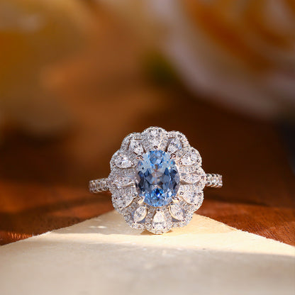 Oval Blue Halo Ring for Women, 925 Silver Floral Promise Ring