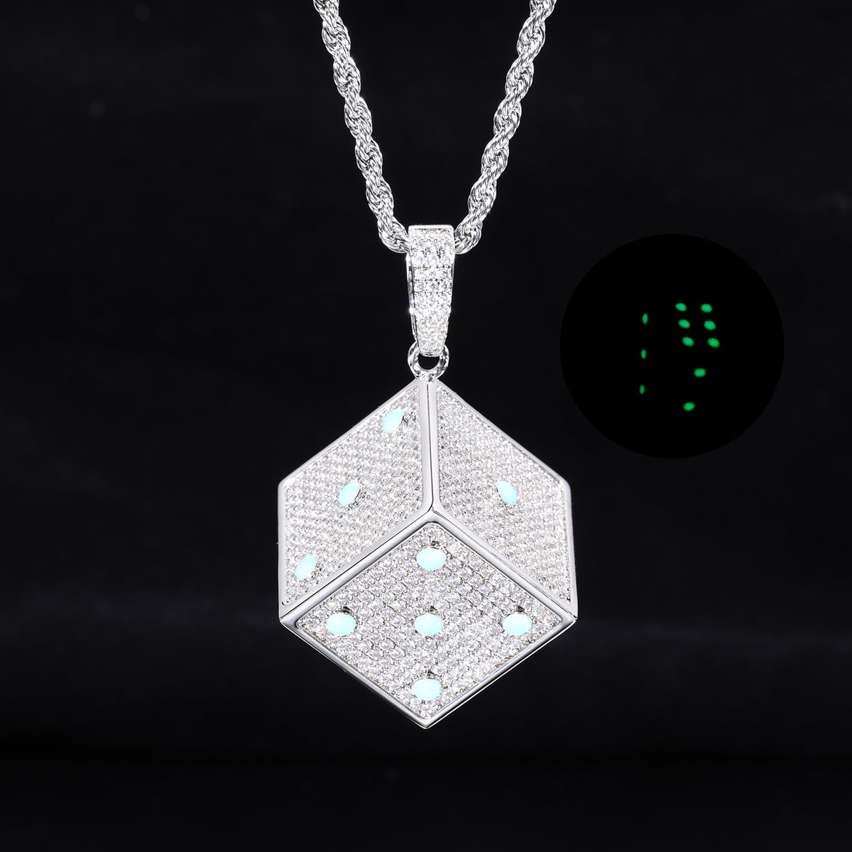 Hip Hop Dice Pendant Necklace, Geometric Zircon Rope Chain, White Tone product image