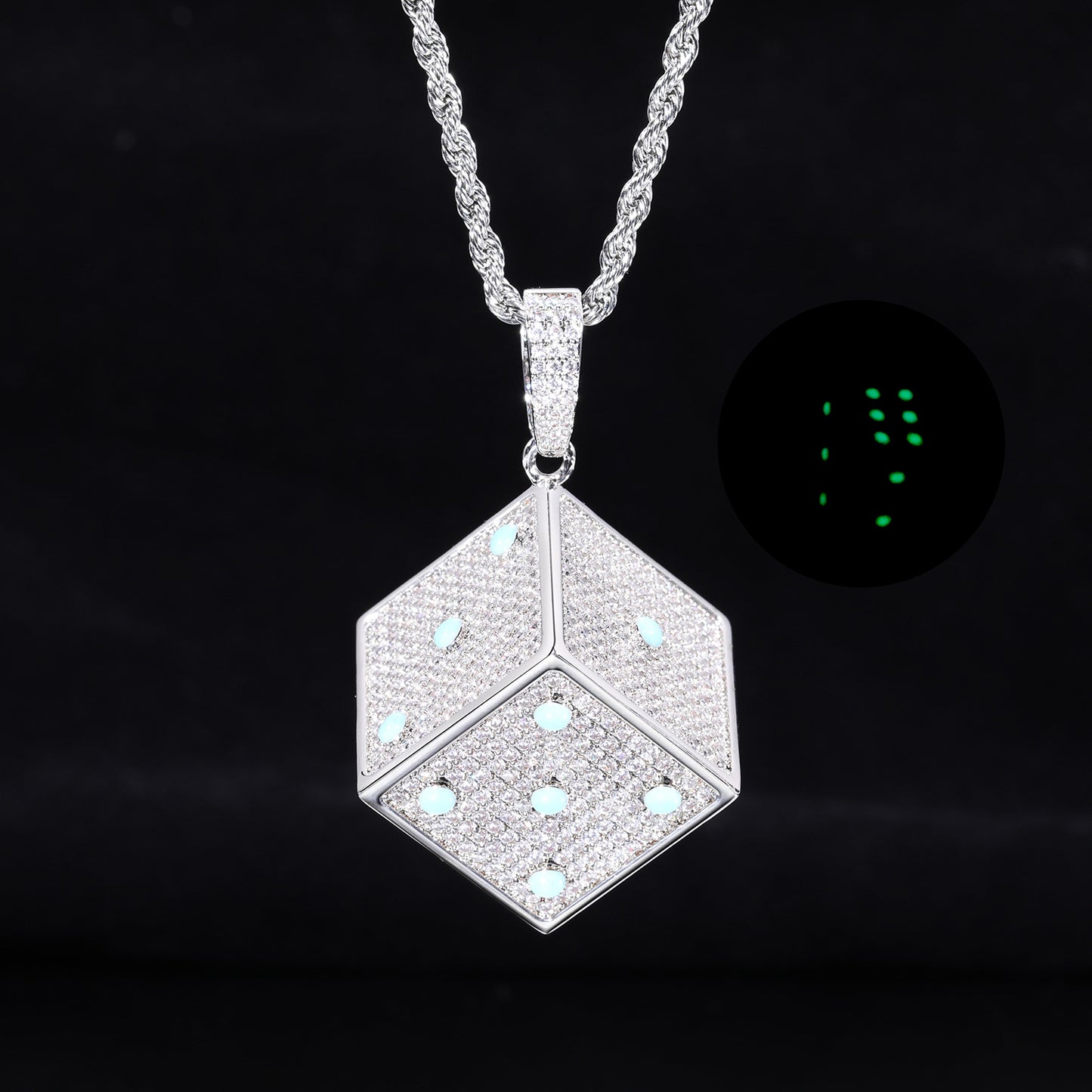Hip Hop Dice Pendant Necklace, Geometric Zircon Rope Chain, White Tone product image