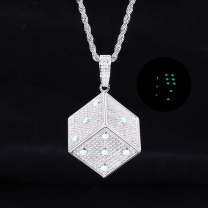 Hip Hop Dice Pendant Necklace, Geometric Zircon Rope Chain, White Tone