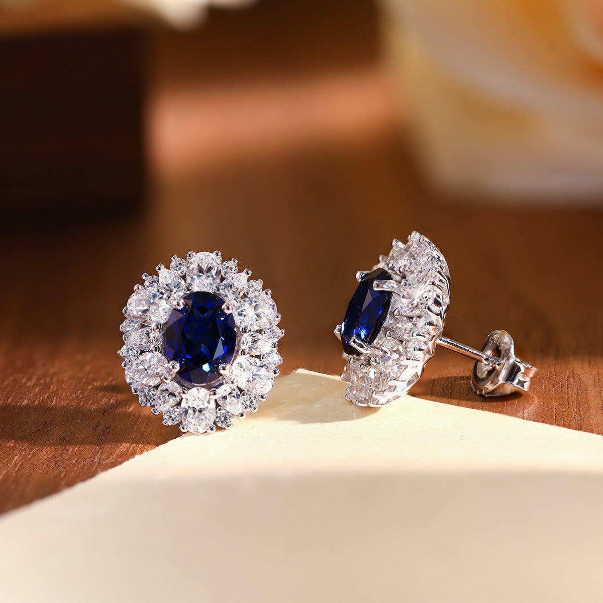 Blue Sapphire Oval Halo Jewelry Set, Necklace Earrings Ring, Silver-Tone product image