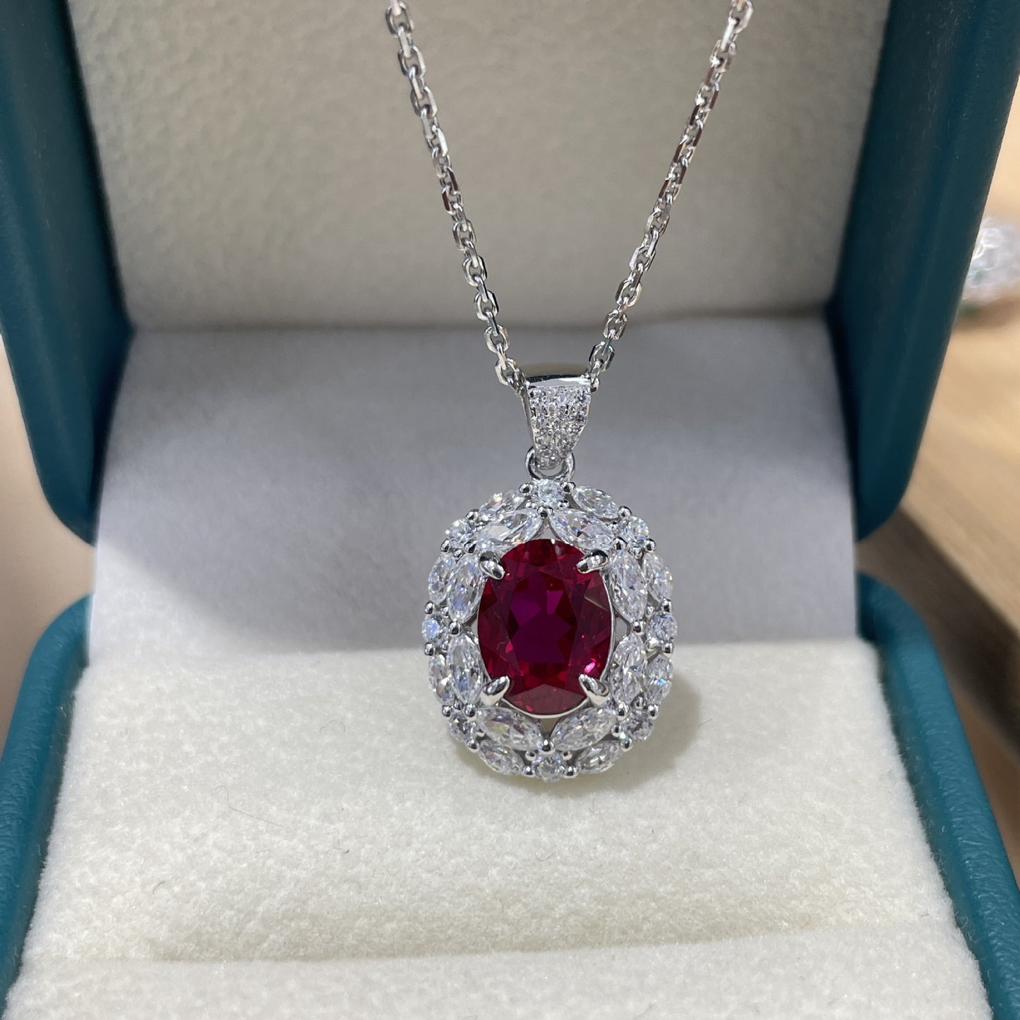 Oval Lab-Grown Colored Gemstone Halo Pendant Necklace for Women product image