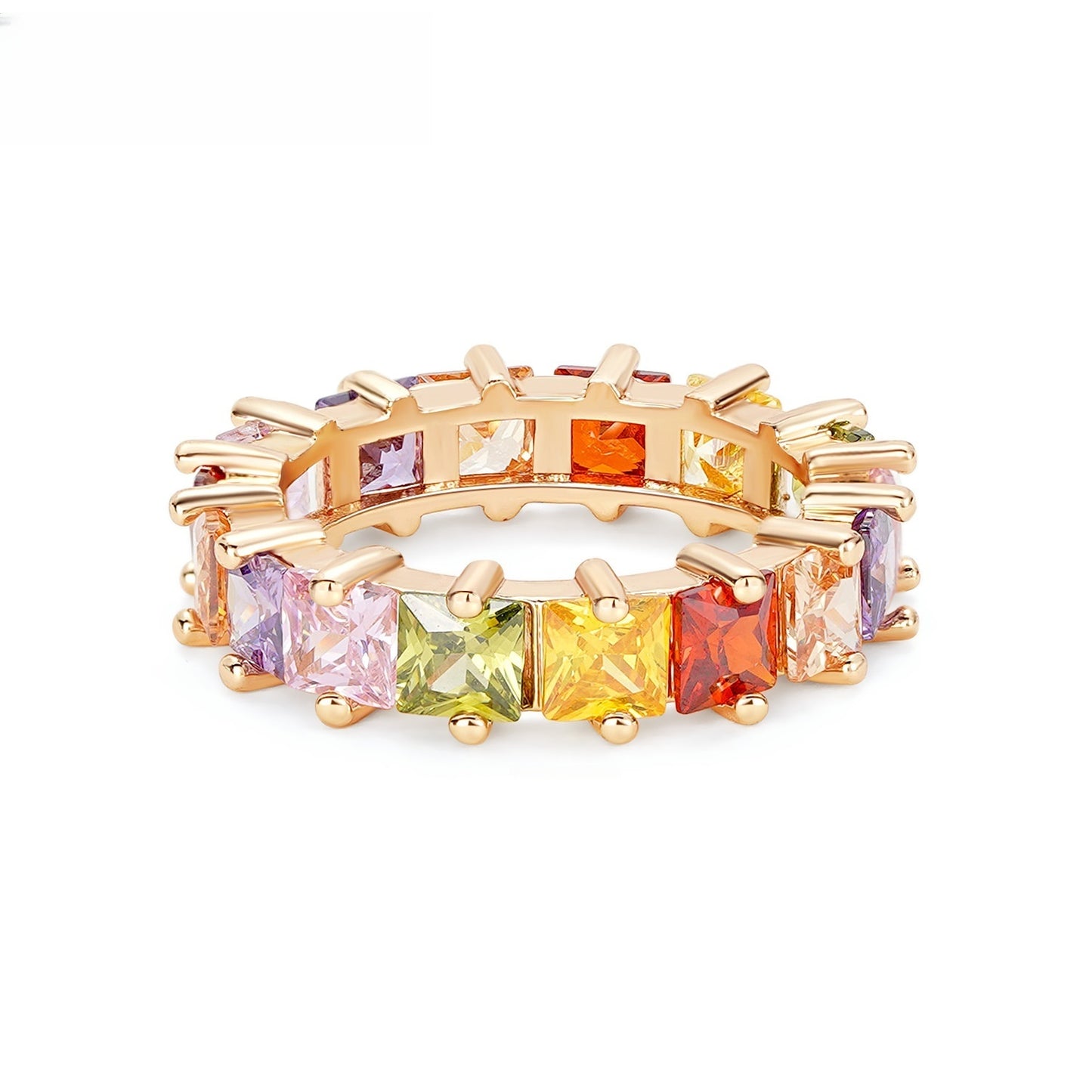 Rainbow Princess Cut Eternity Statement Ring for Women Trendy Party Jewelry