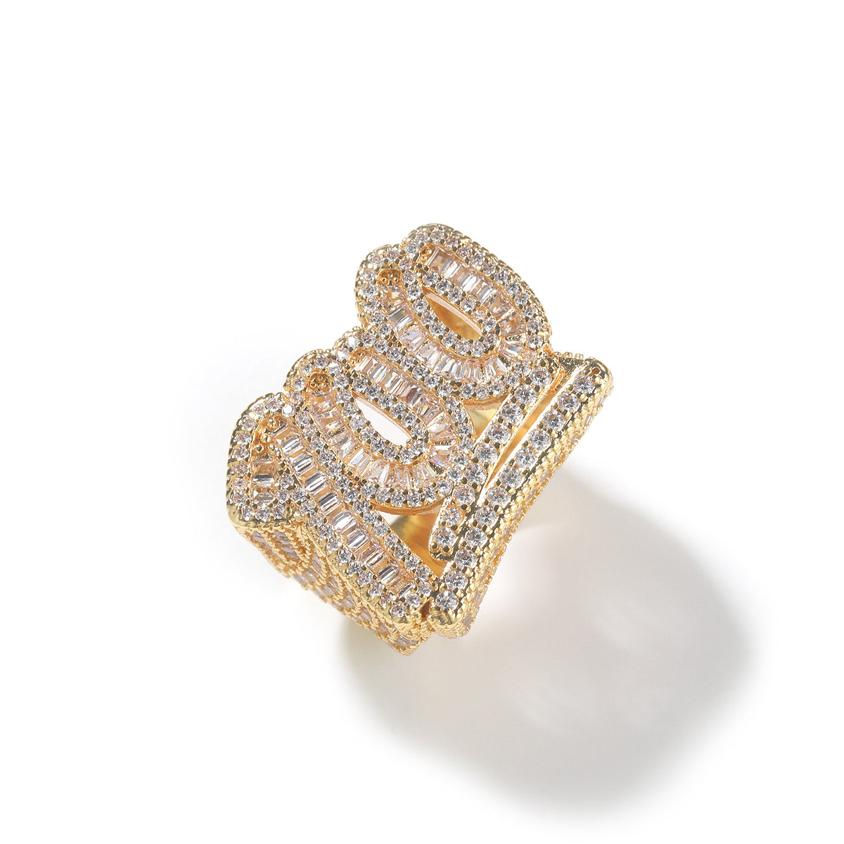 Gold tone number 100 cubic zirconia statement ring front view product image