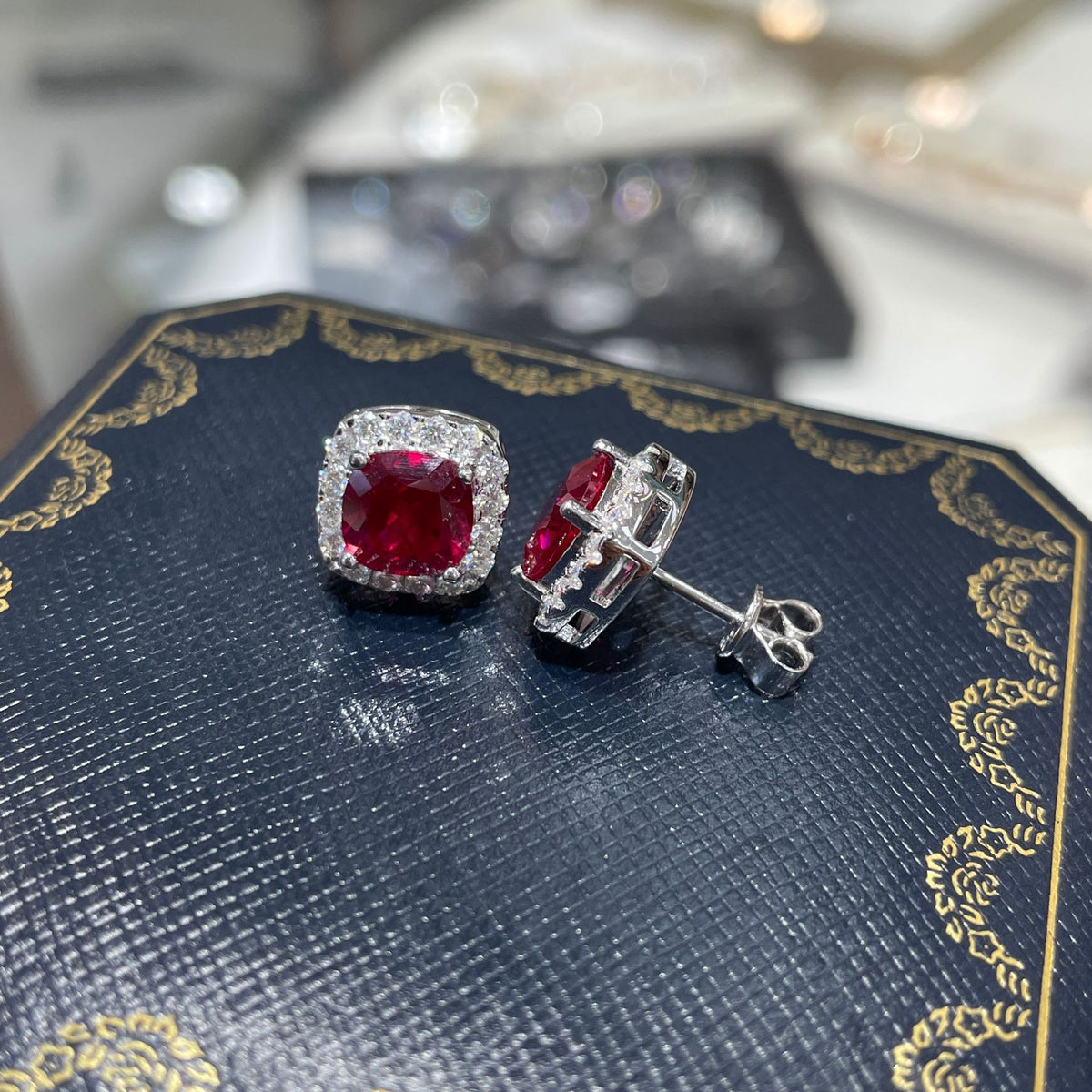 Square Halo Stud Earrings, Cushion Cut Colored Stone Ear Studs, Red and Blue Sparkle Earrings for Everyday Wear product image