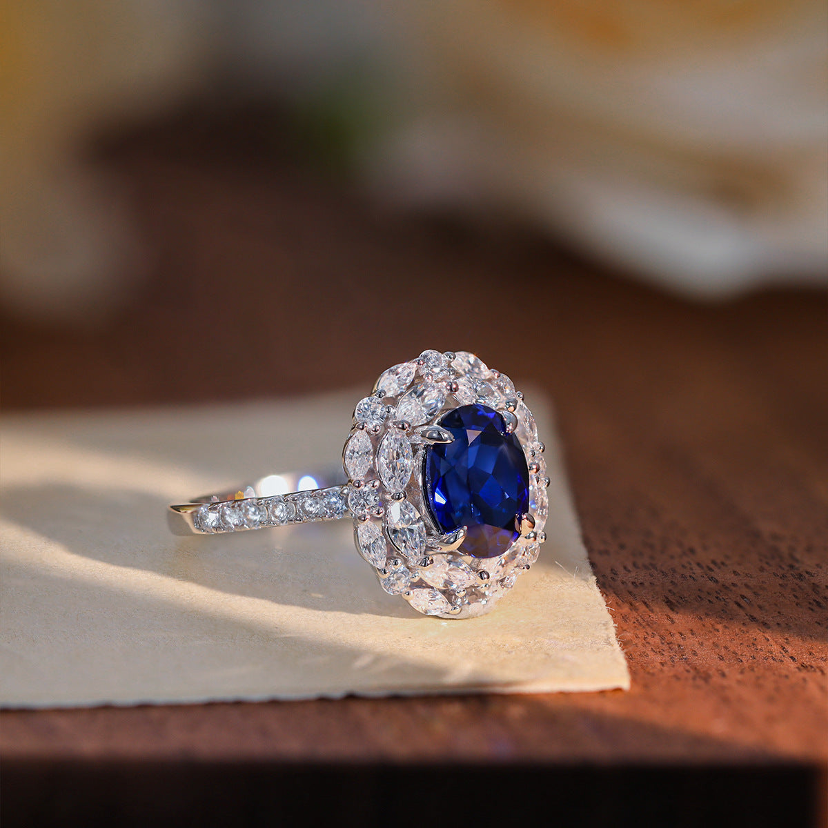 925 Silver Royal Blue Oval Halo Necklace Set with Stud Earrings and Ring product image