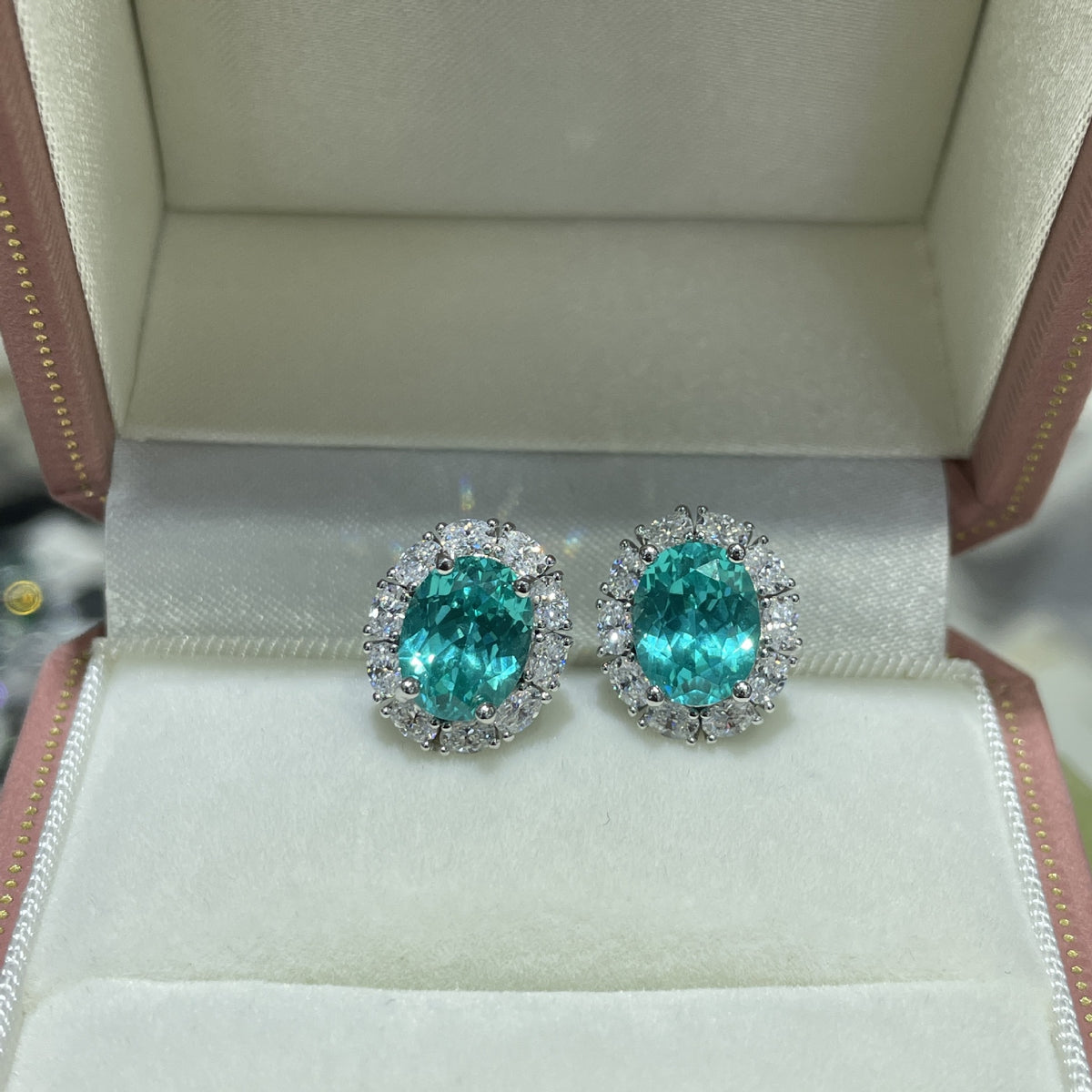 Oval Blue-Green Gemstone Halo Stud Earrings, Vintage-Inspired Sparkling Ear Studs product image