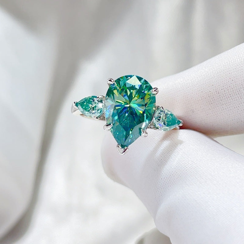 Green Pear Cut Moissanite Ring for Women, 6 Carat Three Stone Engagement Ring product image