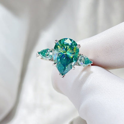 Green Pear Cut Moissanite Ring for Women, 6 Carat Three Stone Engagement Ring
