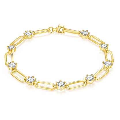 18K Gold Paperclip Link Moissanite Necklace, Round Stone Station Chain