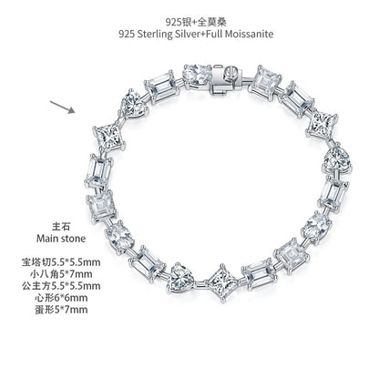 925 Silver Moissanite Tennis Bracelet, Mixed-Cut Link Bracelet